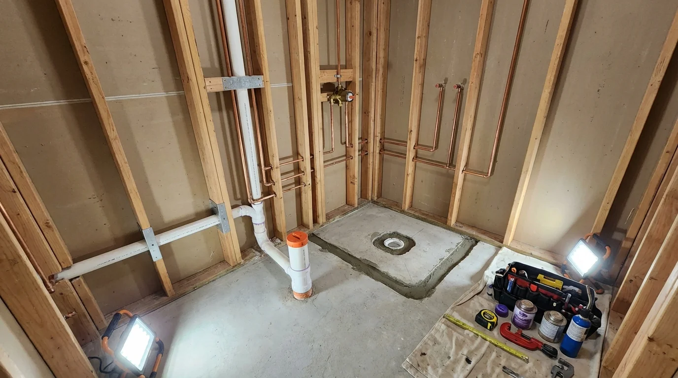 Bathroom rough-in plumbing during remodel by Johns Plumbing LLC in Pardeeville