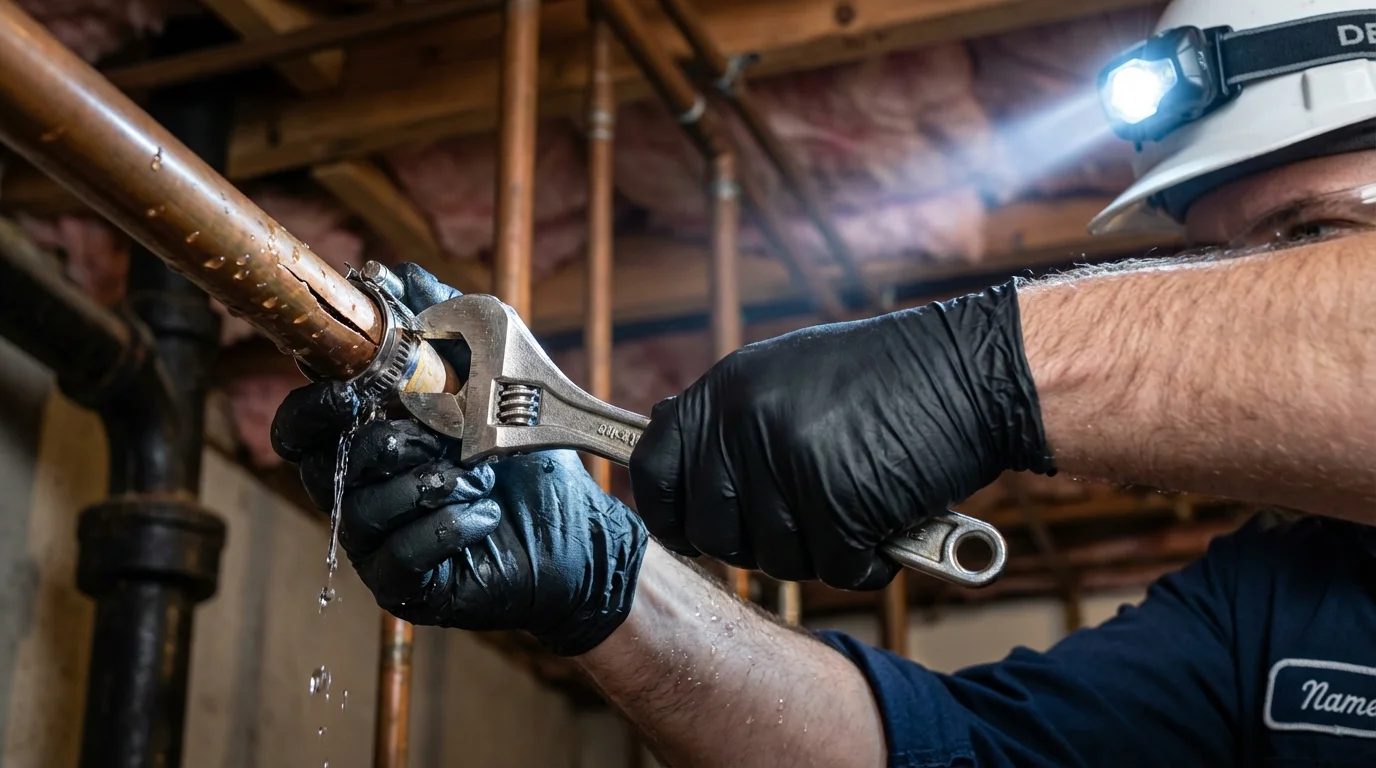 Emergency pipe clamp repair being performed by a Johns Plumbing LLC plumber in Pardeeville