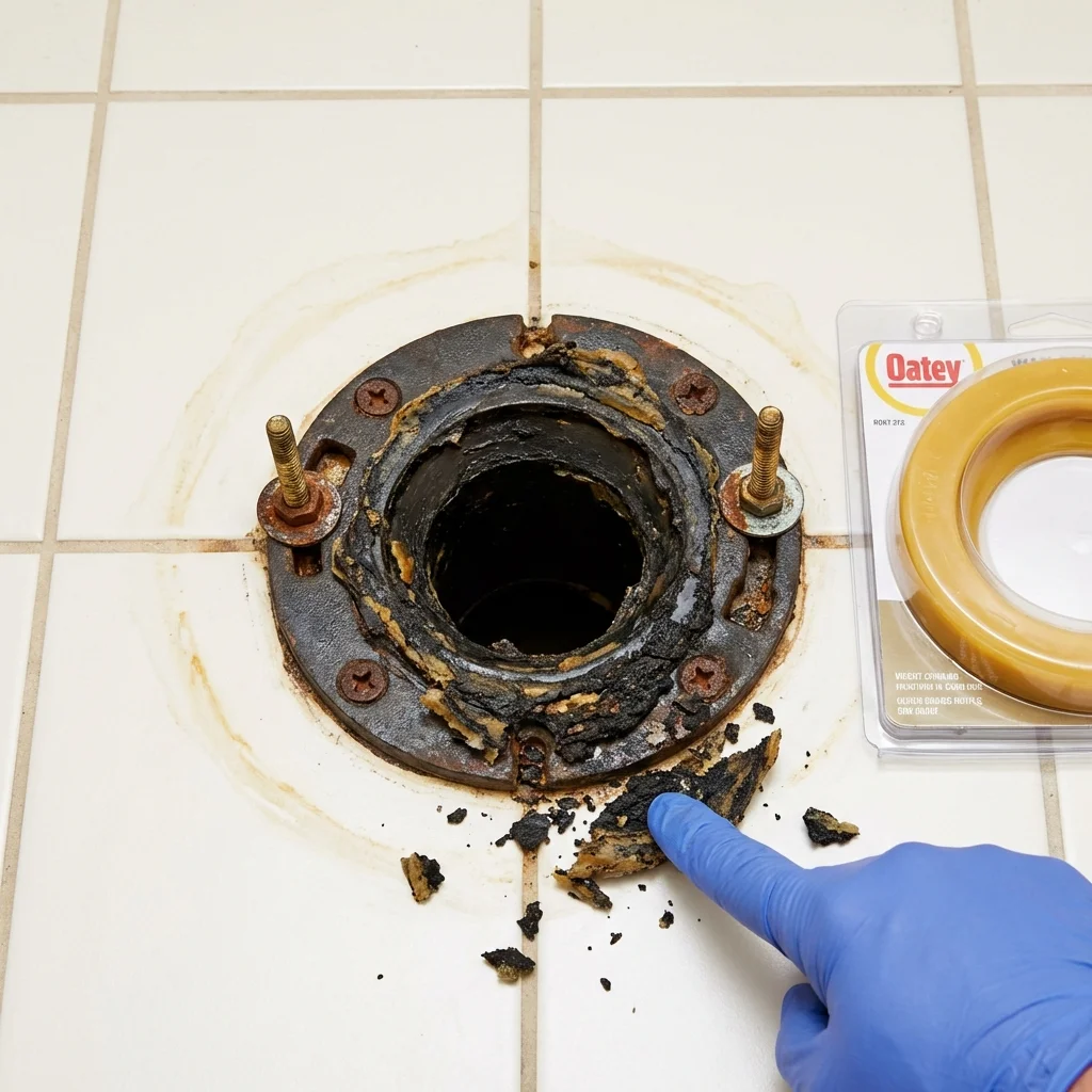 Failed wax ring showing water seepage at the base of a toilet in a Pardeeville, WI home