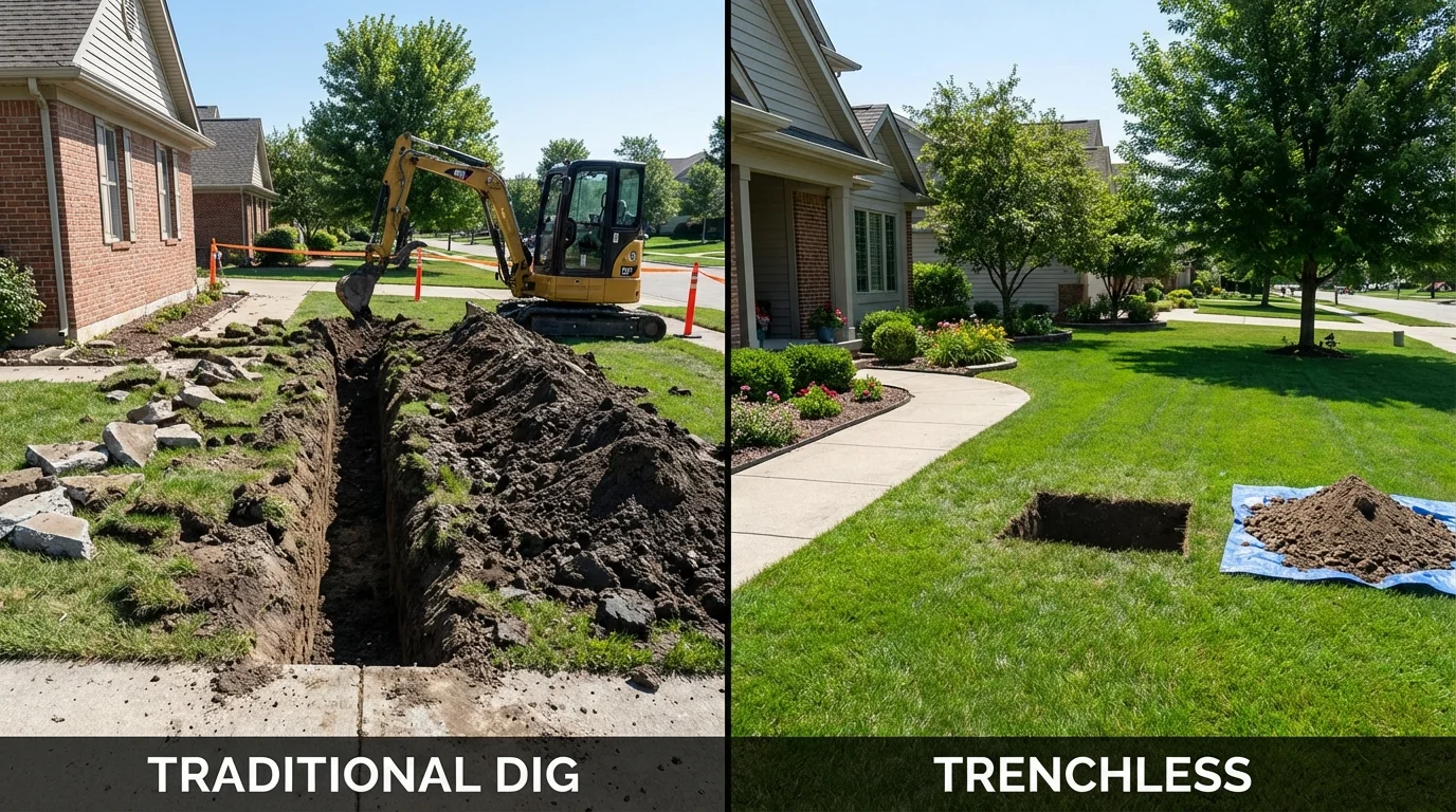 Trenchless sewer repair with minimal yard damage versus traditional excavation in Pardeeville, WI