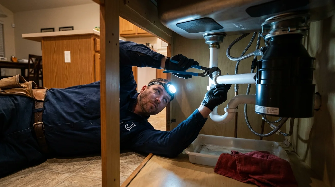 P-trap and supply line connections under a kitchen sink showing a common leak point in Pardeeville, WI